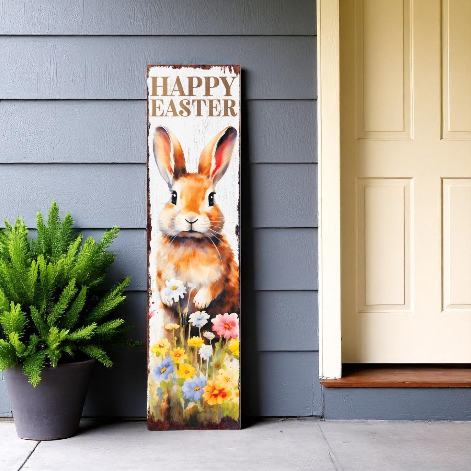 36" Brown White And Yellow Happy Easter Easter Bunny Solid Wood Porch Sign