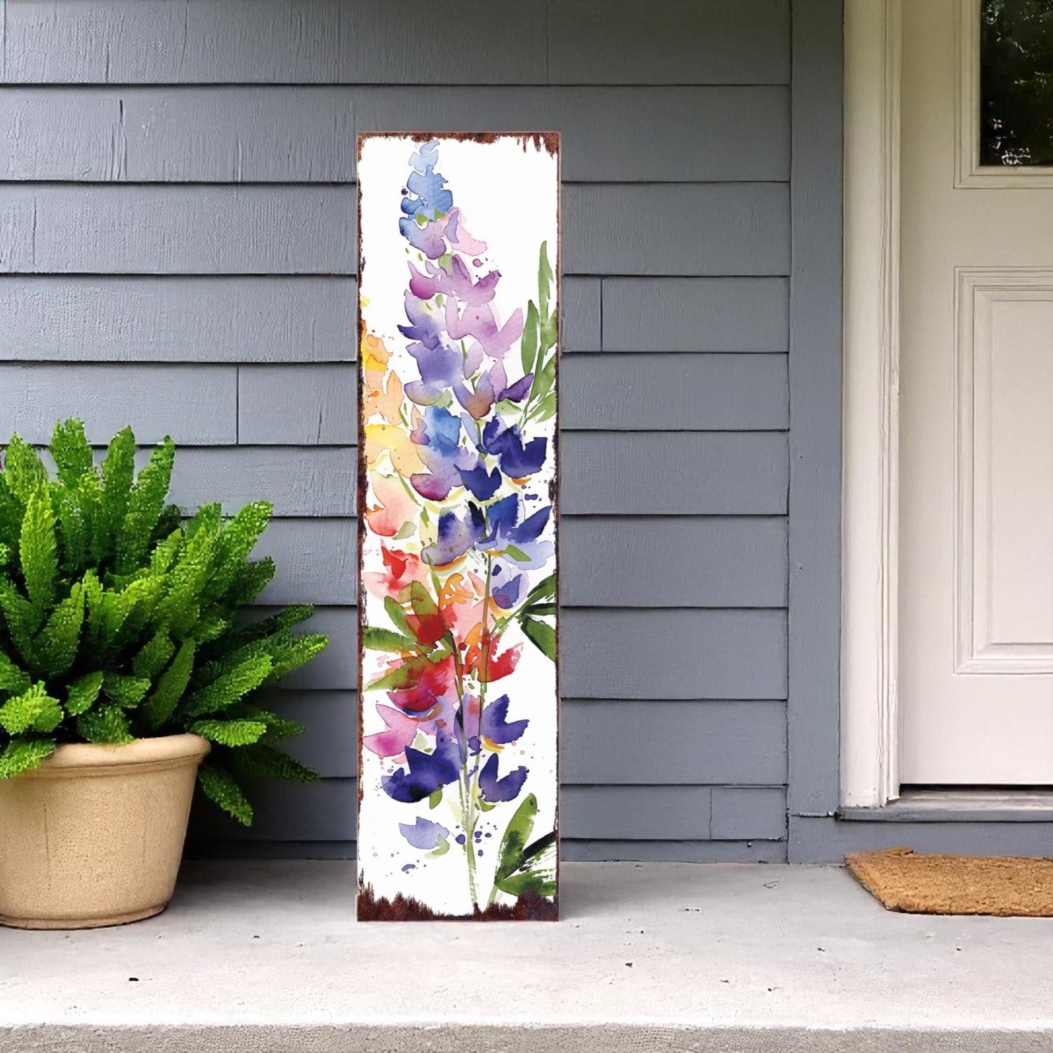 36" White Blue And Purple Watercolor Floral Solid Wood Porch Sign
