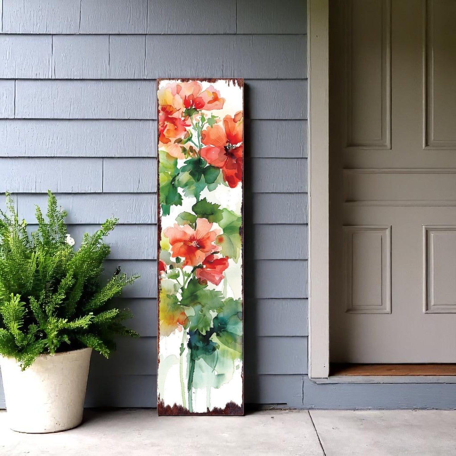 36" White Red And Green Geranium Solid Wood Porch Sign