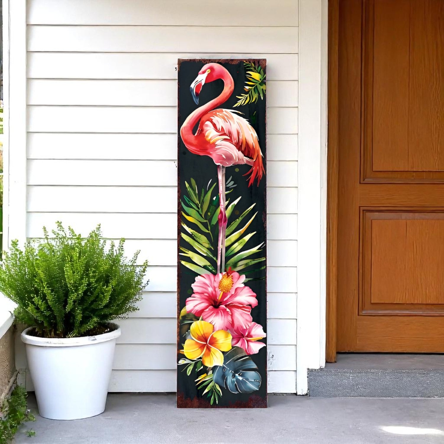 36" Black Pink And Coral Solid Wood Flamingo Porch Sign