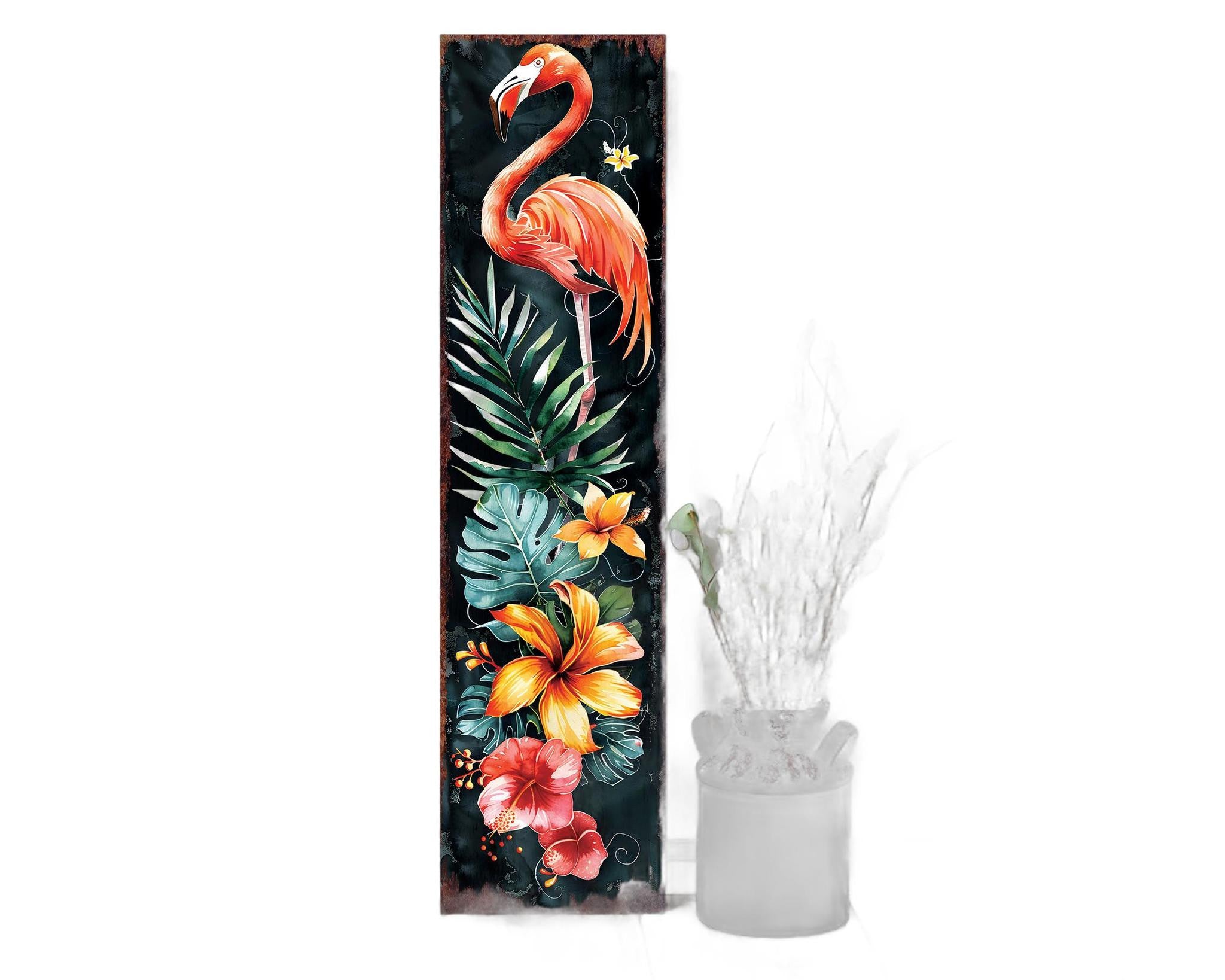 36" Black Coral And Green Solid Wood Flamingo Porch Sign
