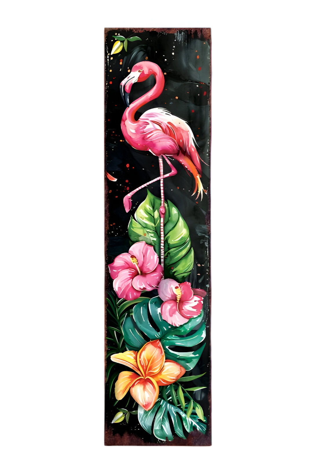 36" Black And Pink Solid Wood Tropical Floral Flamingo Porch Sign