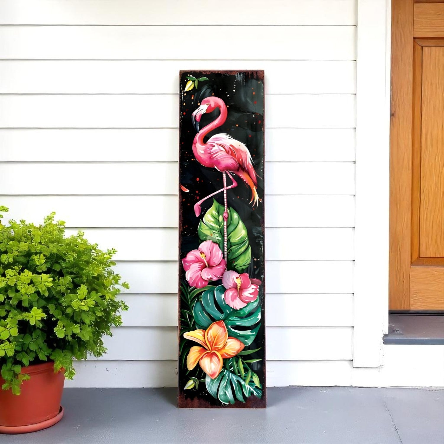 36" Black And Pink Solid Wood Tropical Floral Flamingo Porch Sign
