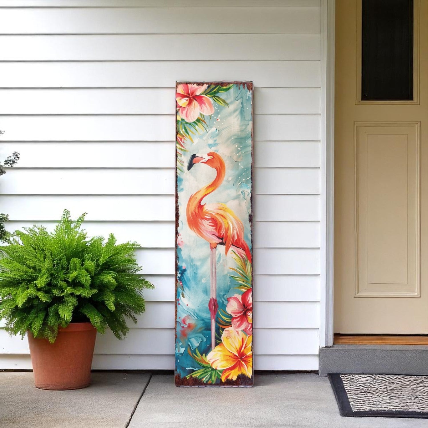 36" Blue Coral And Pink Solid Wood Tropical Floral Flamingo Porch Sign