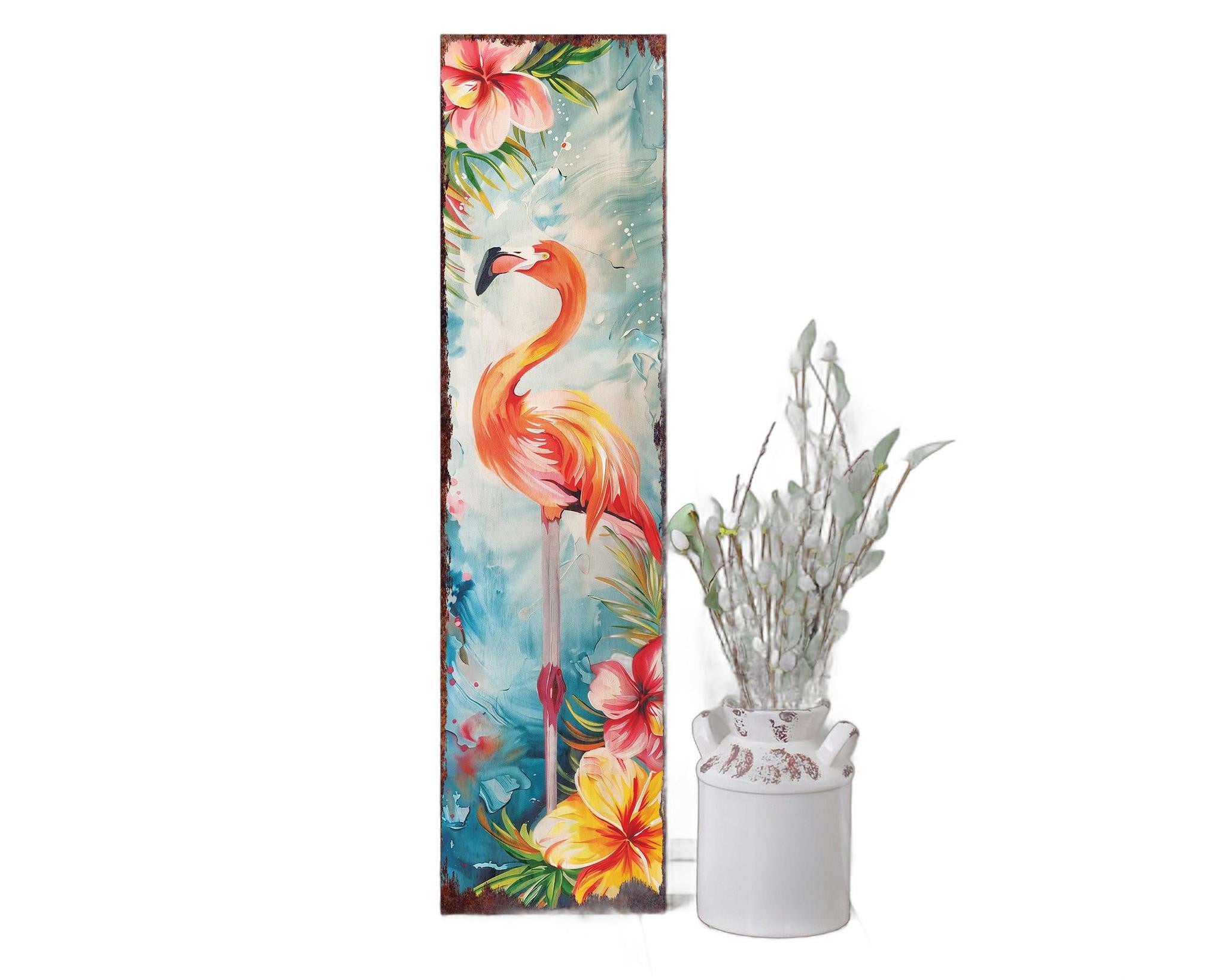 36" Blue Coral And Pink Solid Wood Tropical Floral Flamingo Porch Sign