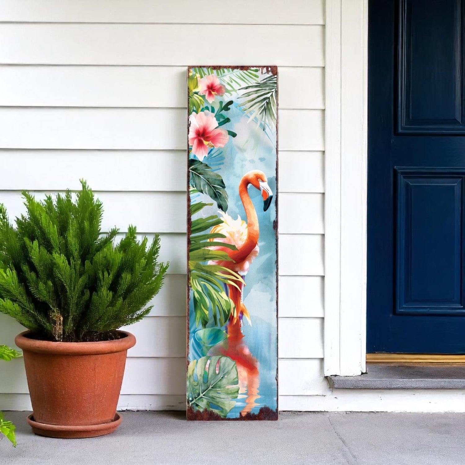 36" Blue Pink And Green Solid Wood Watercolor Flamingo Porch Sign