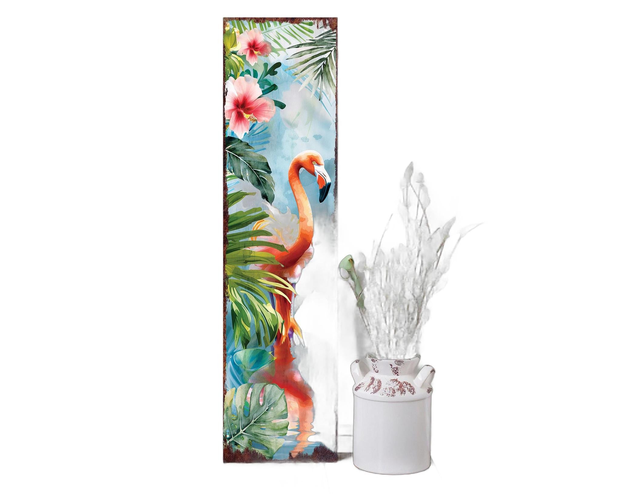 36" Blue Pink And Green Solid Wood Watercolor Flamingo Porch Sign