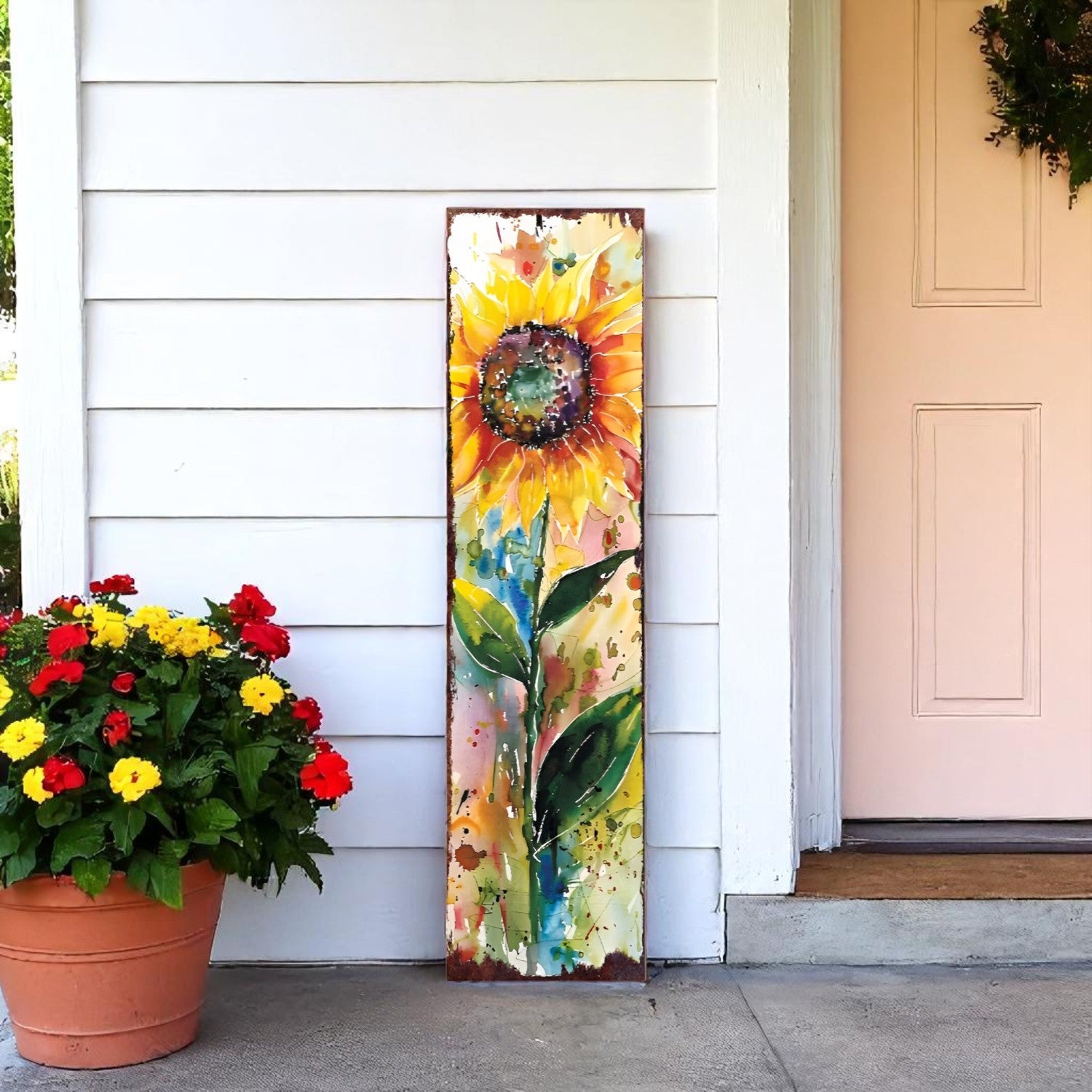 36" Yellow Green And  Brown Watercolor Sunflowers Solid Wood Porch Sign