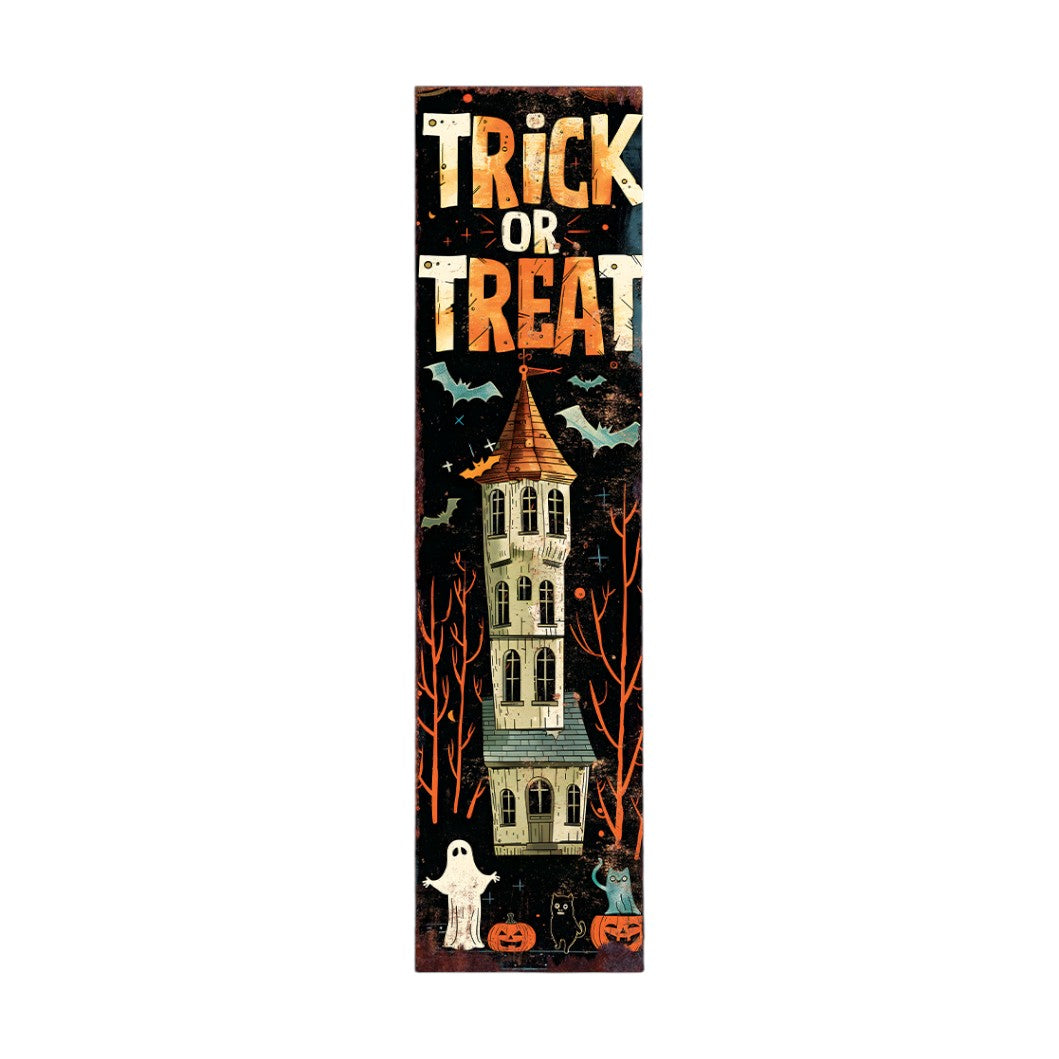 10" Black Orange Blue And Cream Solid Wood Trick or Treat Halloween Ghost Porch Sign