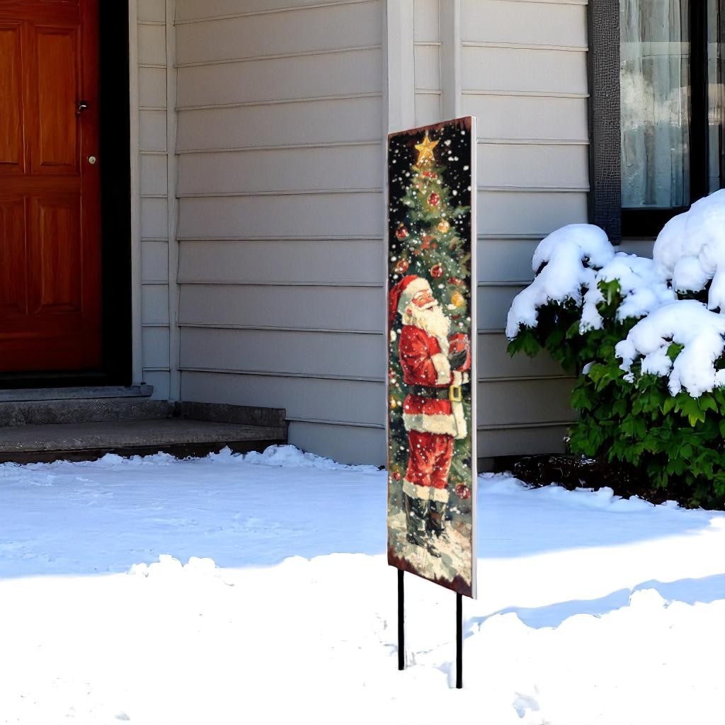 42" Black Red And Green Christmas Santa Solid Wood Garden Stake