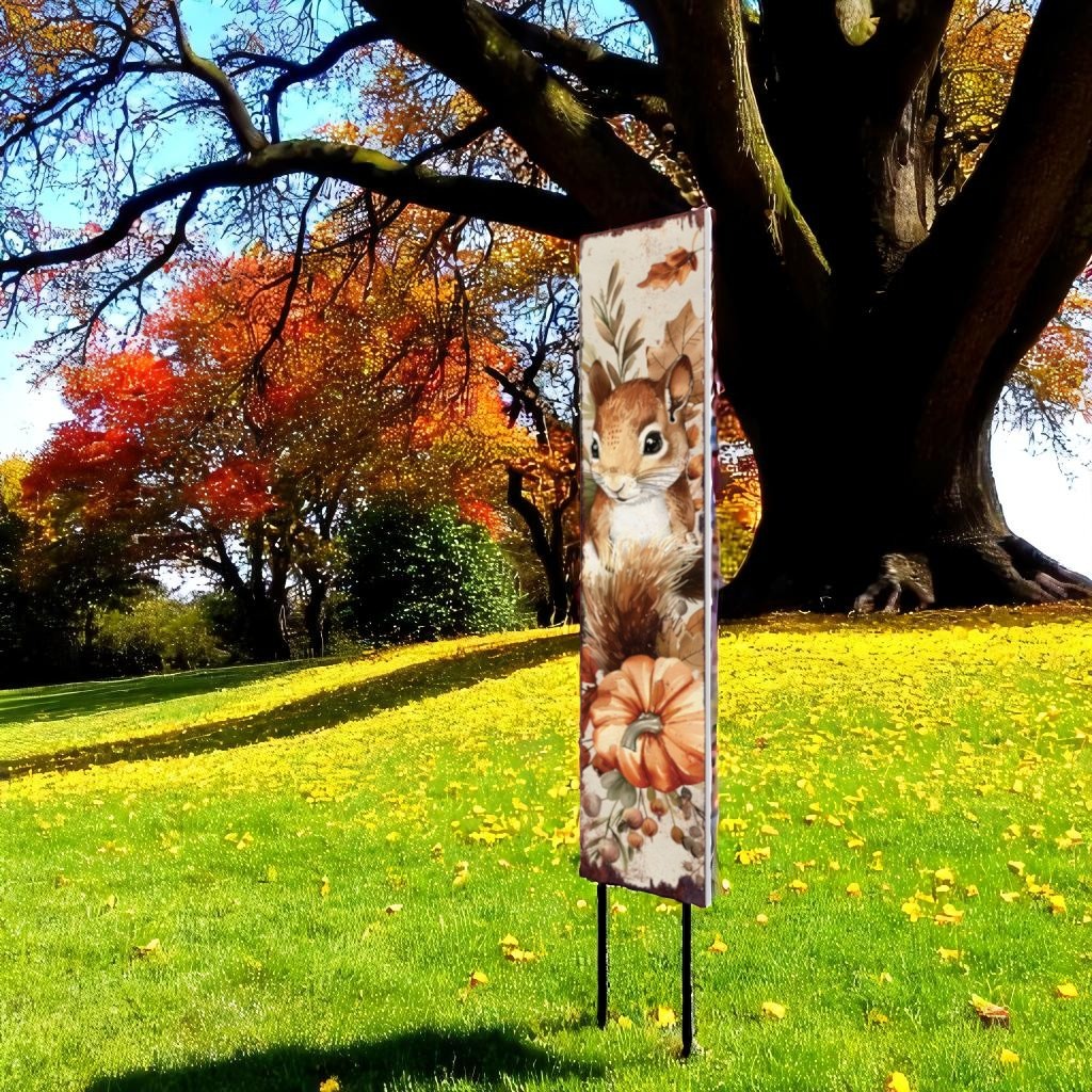 42" Tan Orange And Off White Solid Wood Squirrels Garden Stake