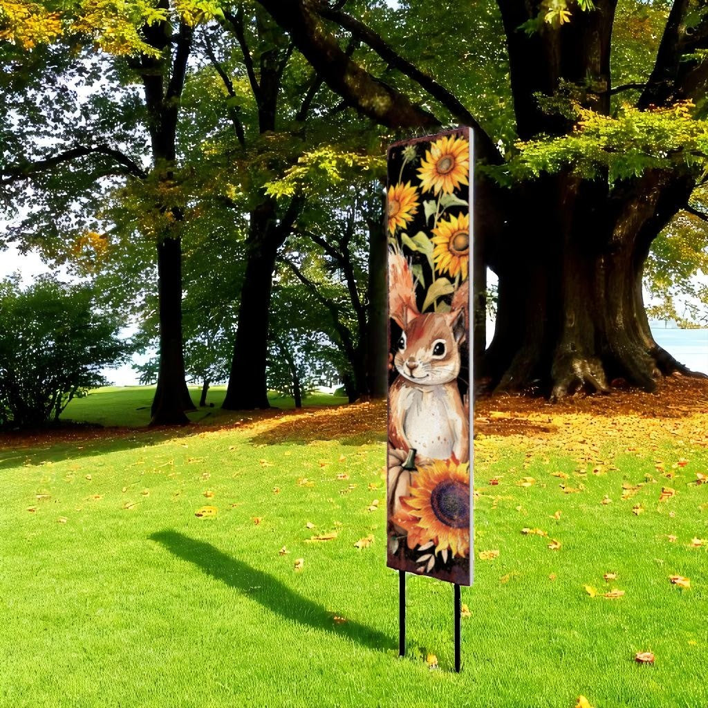 42" Black Yellow And Tan Solid Wood Sunflowers And Squirrel Garden Stake