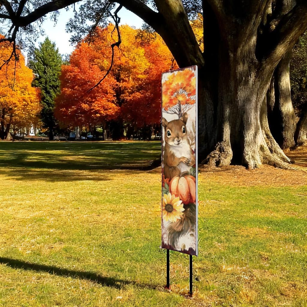 42" Brown And Orange Solid Wood Autumn Squirrel Garden Stake