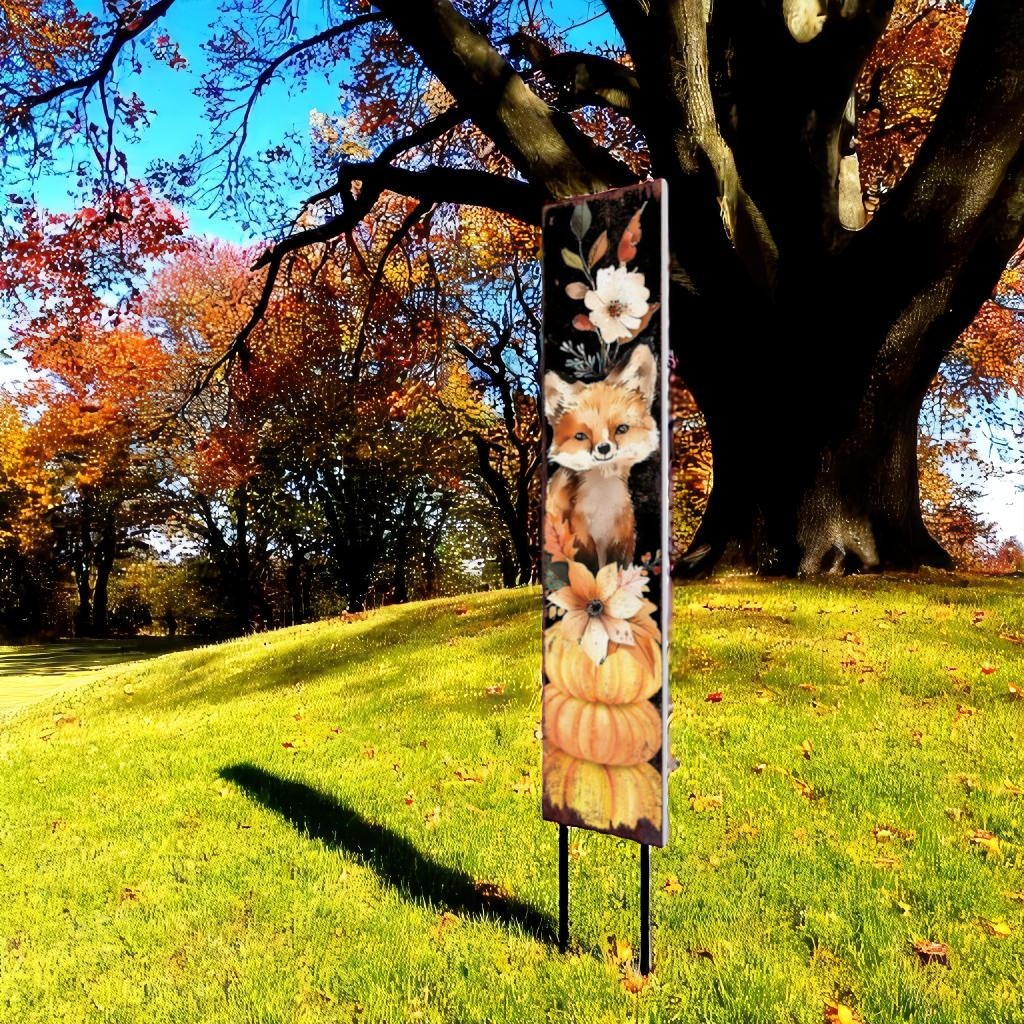 42" Black Tan And Orange Floral Bouquet Solid Wood Fox Garden Stake