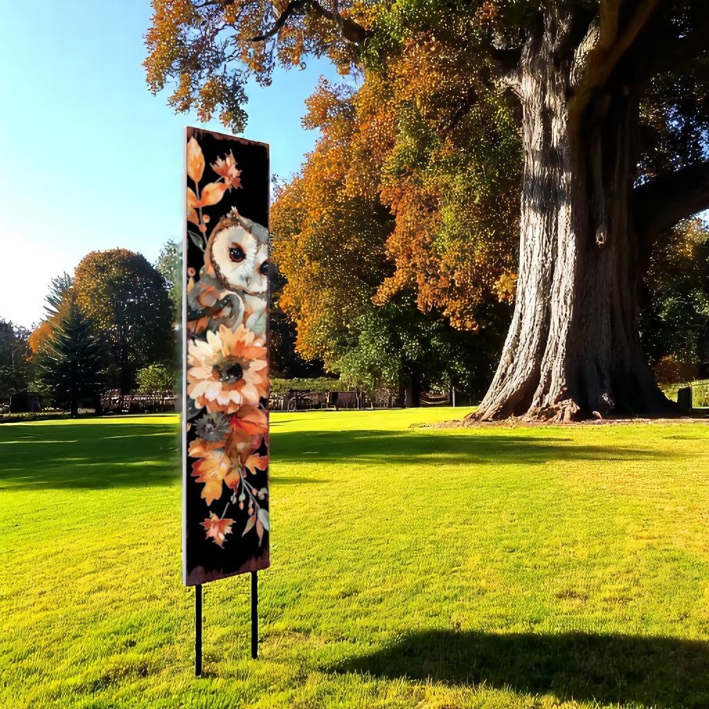 42" Black And Gray Solid Wood Floral Bouquet Owl Garden Stake