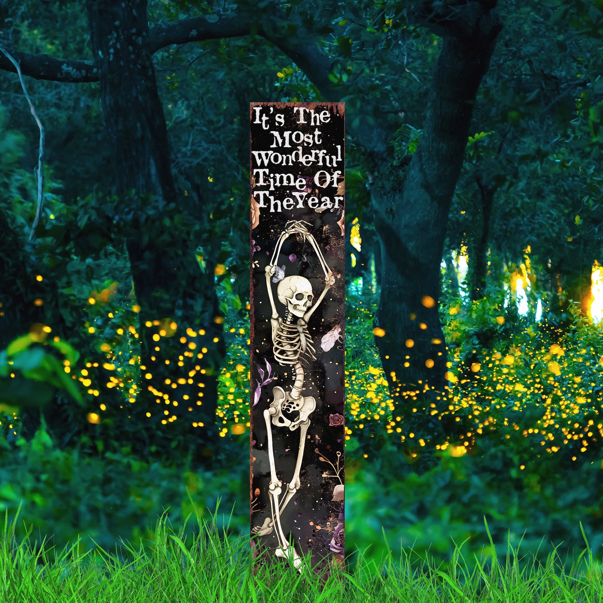 7" Black And White Solid Wood It's The Most Wonderful Time Of The Year Halloween Skeleton Garden Stake