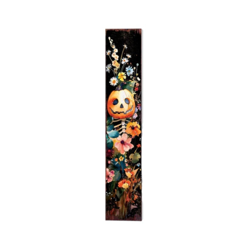 7" Black Orange Pink And White Solid Wood Watercolor Floral Halloween Jack-O-Lantern Garden Stake