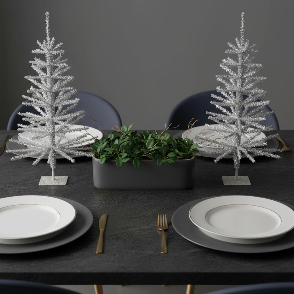 Set Of Two Silver Tinsel Sparse Pine Christmas Trees