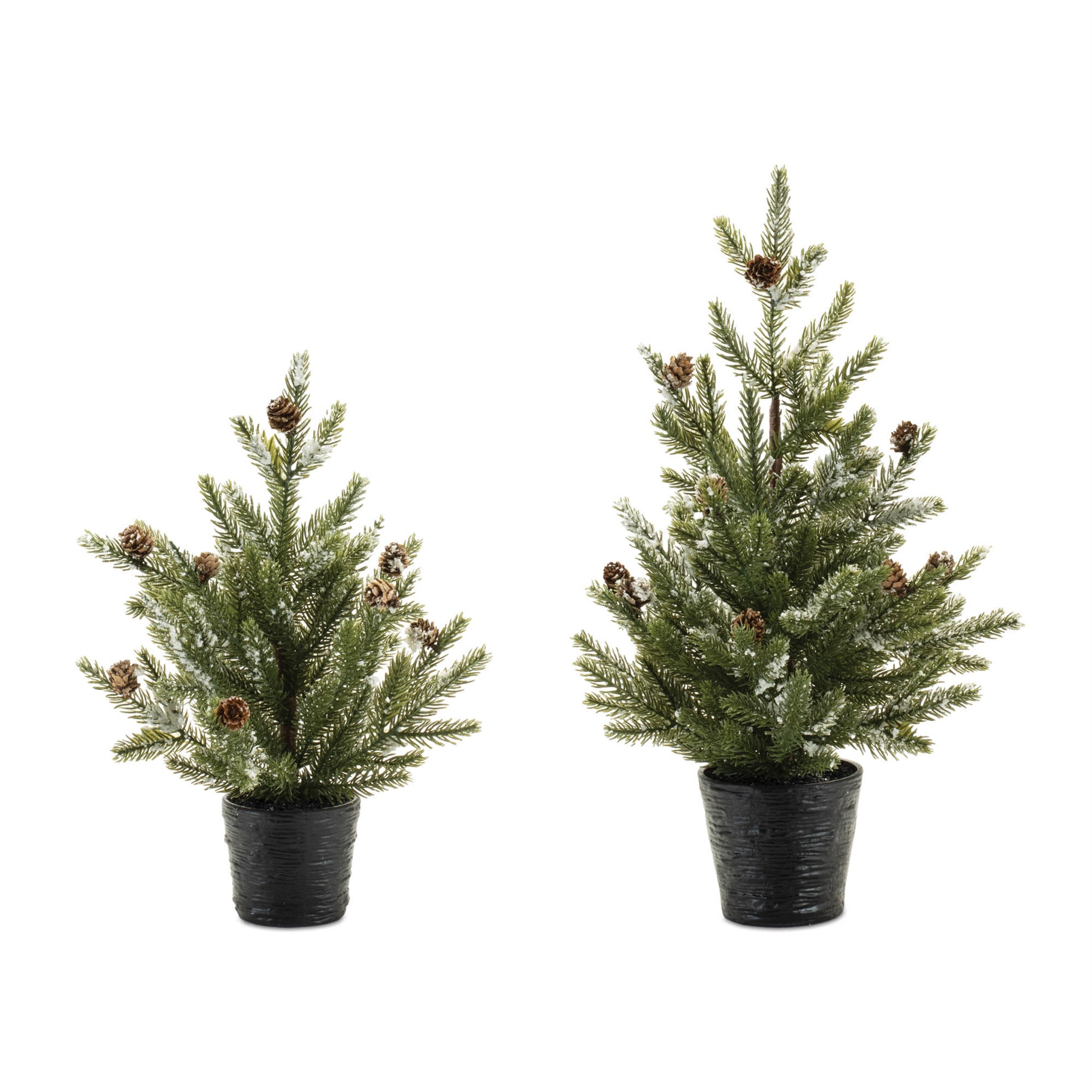 Set of Two 15" Green Mini Artificial Pine Trees With Pinecones In Round Black Metal Pots
