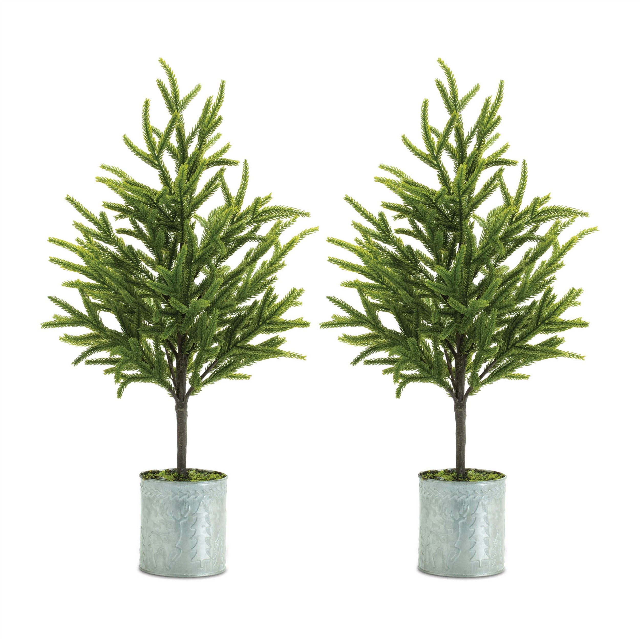 Set of Two 23" Green Mini Artificial Pine Trees In Galvanized Metal Planters