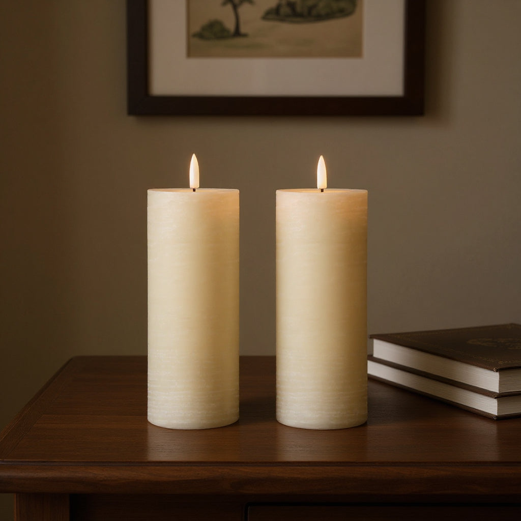 Set of Two Ivory Flameless Pillar Candles