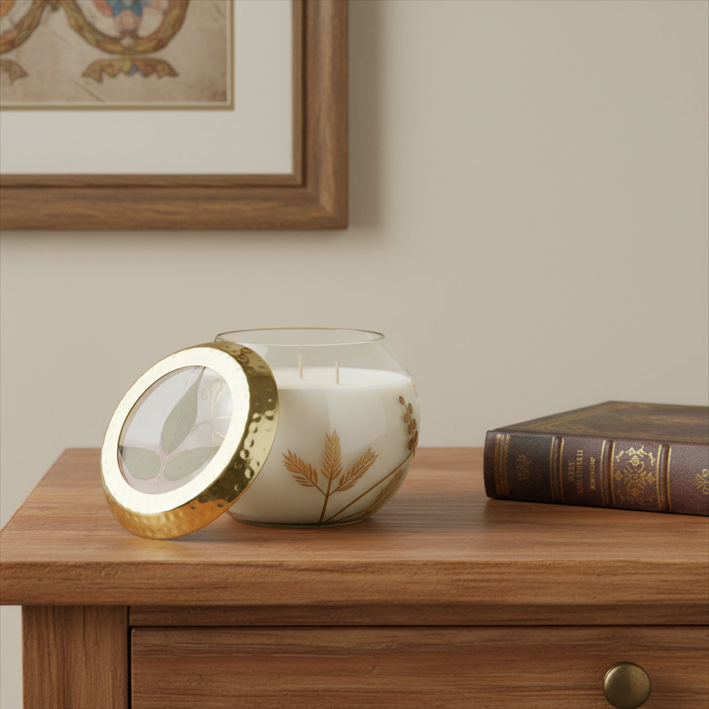 5" White Scented Dripless Two Wick Designer Candle With Clear And Gold Holder