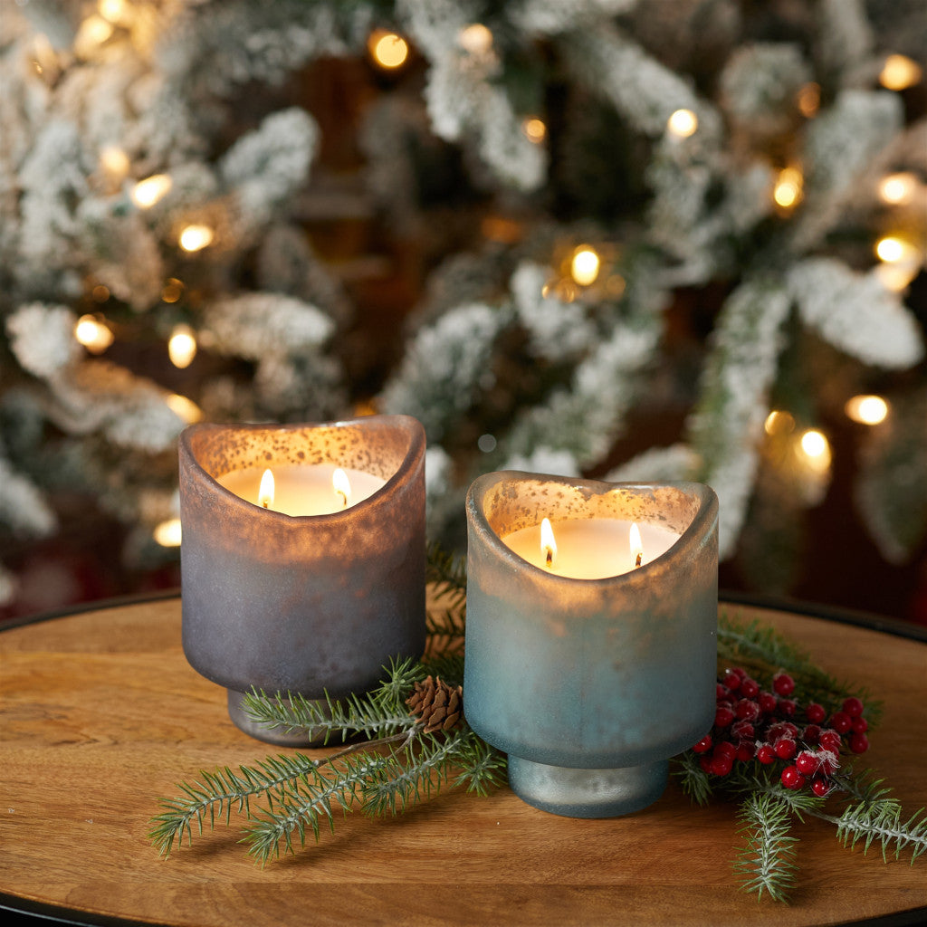 Set of Two White Scented Dripless Two Wick Designer Candles With Sea Green Holder