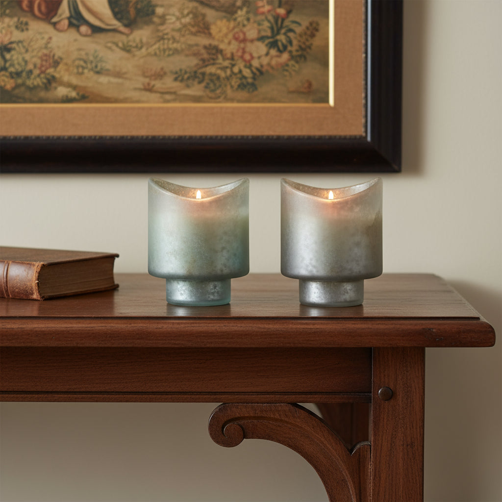 Set of Two White Scented Dripless Two Wick Designer Candles With Sea Green Holder