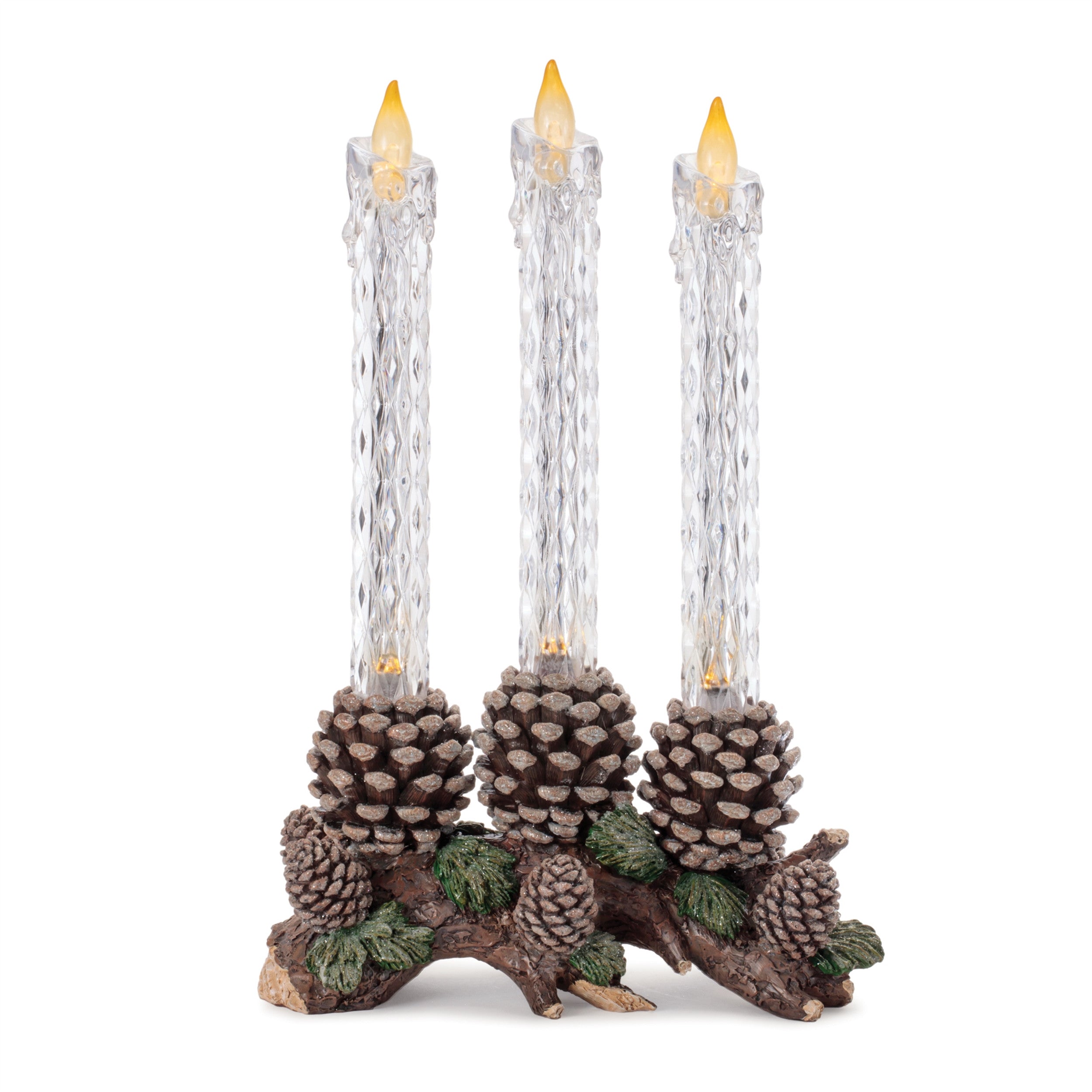 16" Clear Flameless Christmas Taper Candle With Brown And Green Holder
