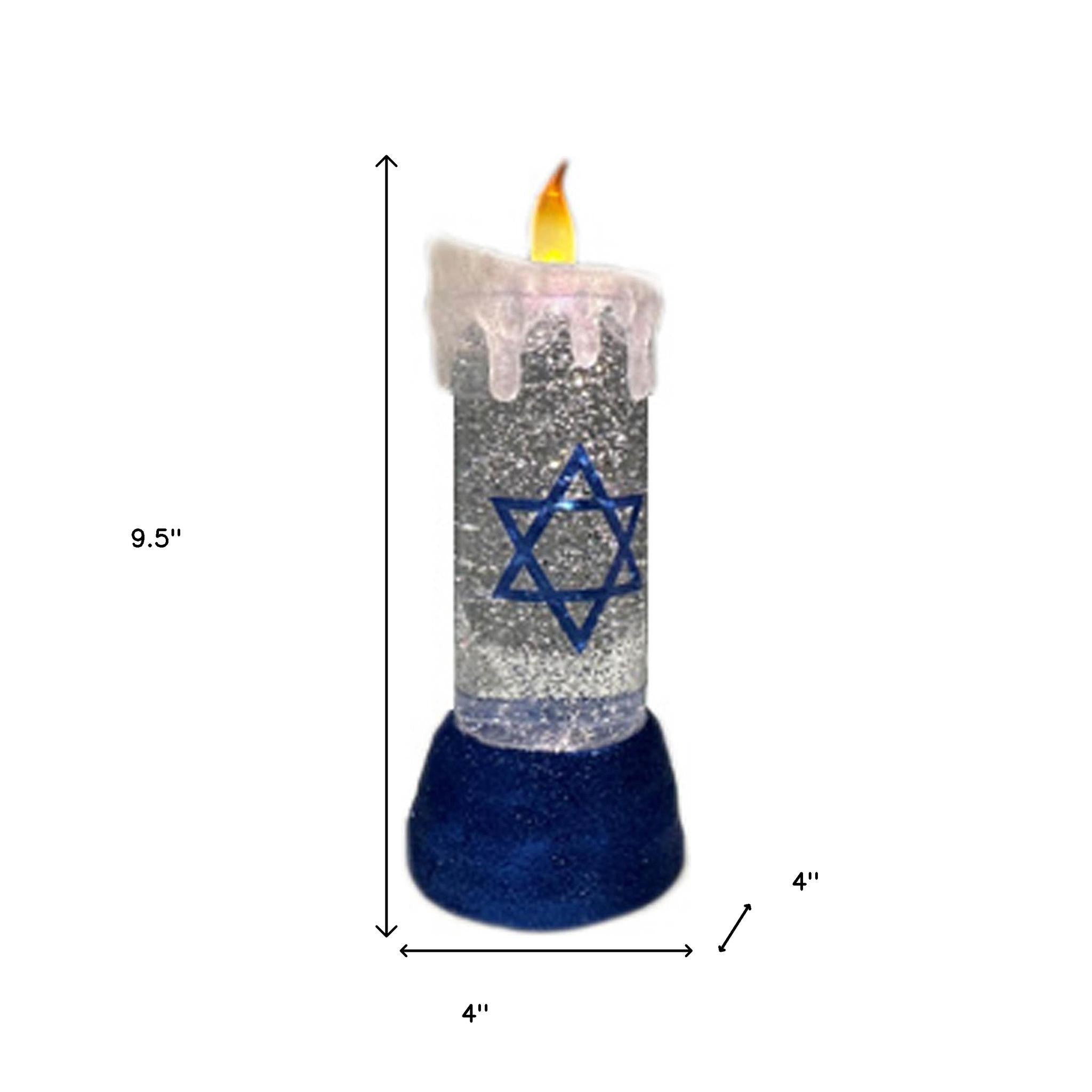 10" Blue And White Flameless Hanukkah Pillar Candle With Blue And White Holder