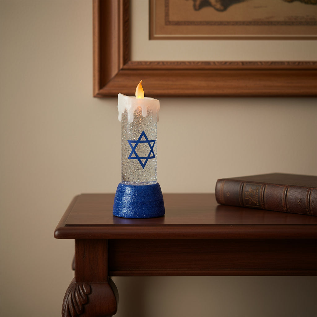 10" Blue And White Flameless Hanukkah Pillar Candle With Blue And White Holder