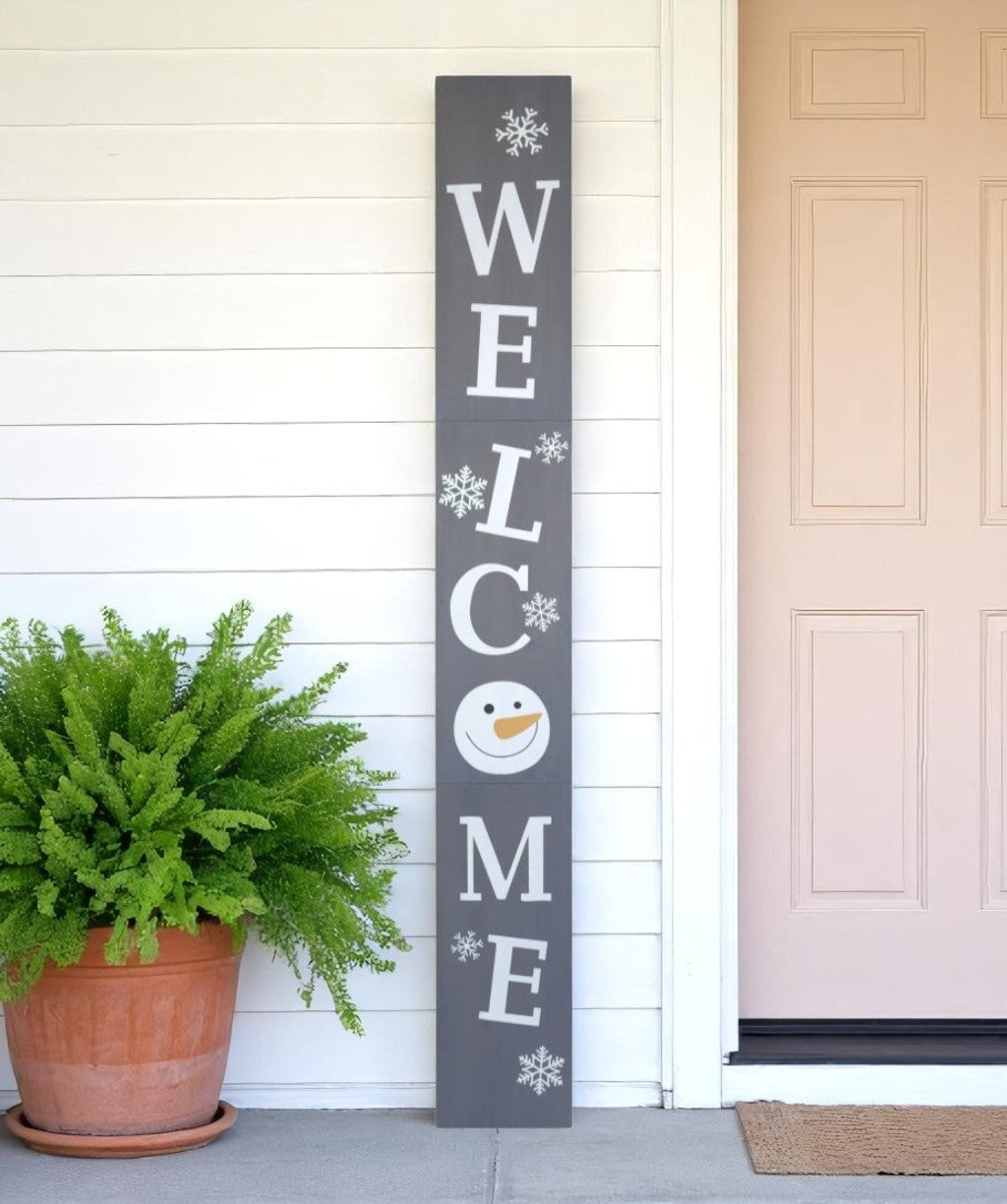 72" Gray And White Solid Wood Welcome Christmas Snowman Porch Sign