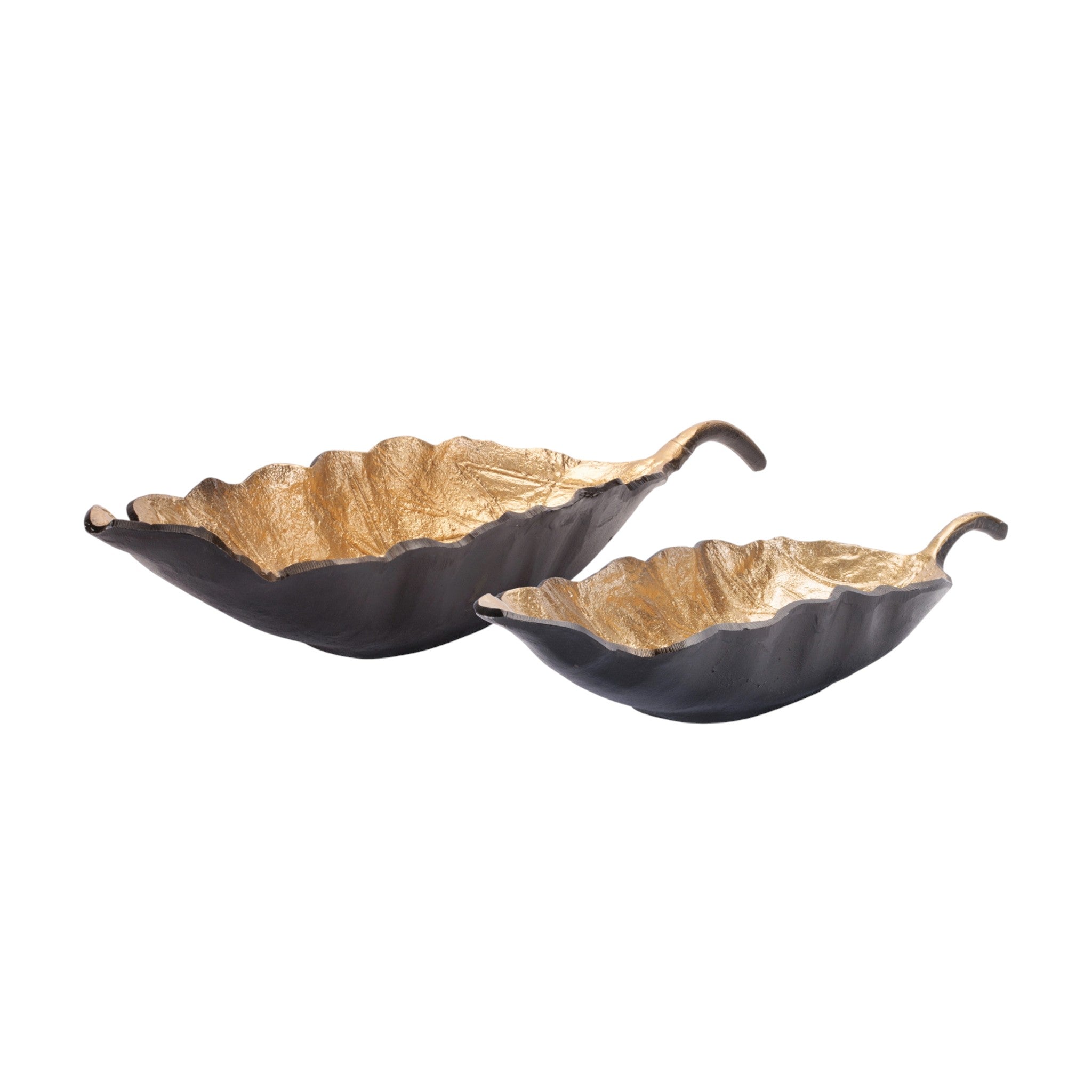 Set of Two 25" Black And Gold Cast Aluminum Rustic Leaf Centerpiece Bowls