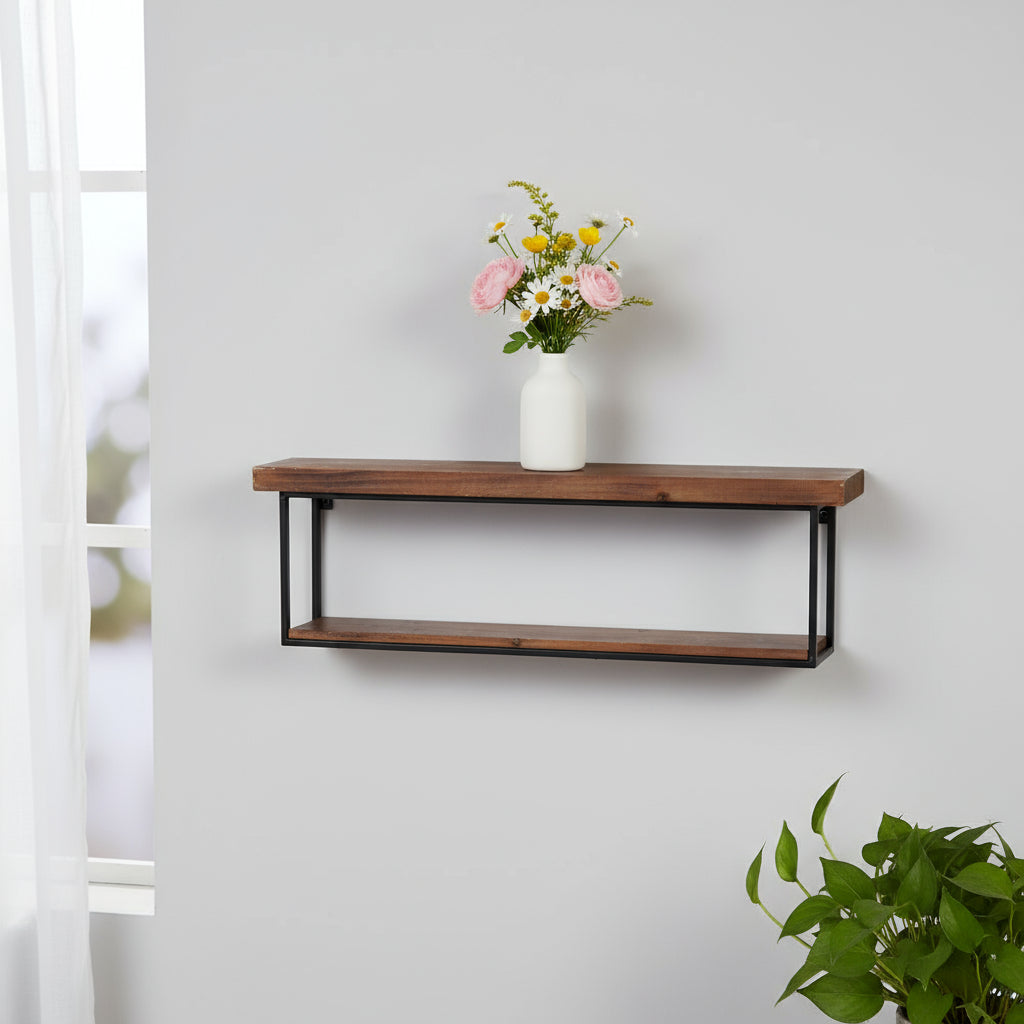 36" Set Of Two Black And Brown Wood And Metal Two Level Accent Shelf