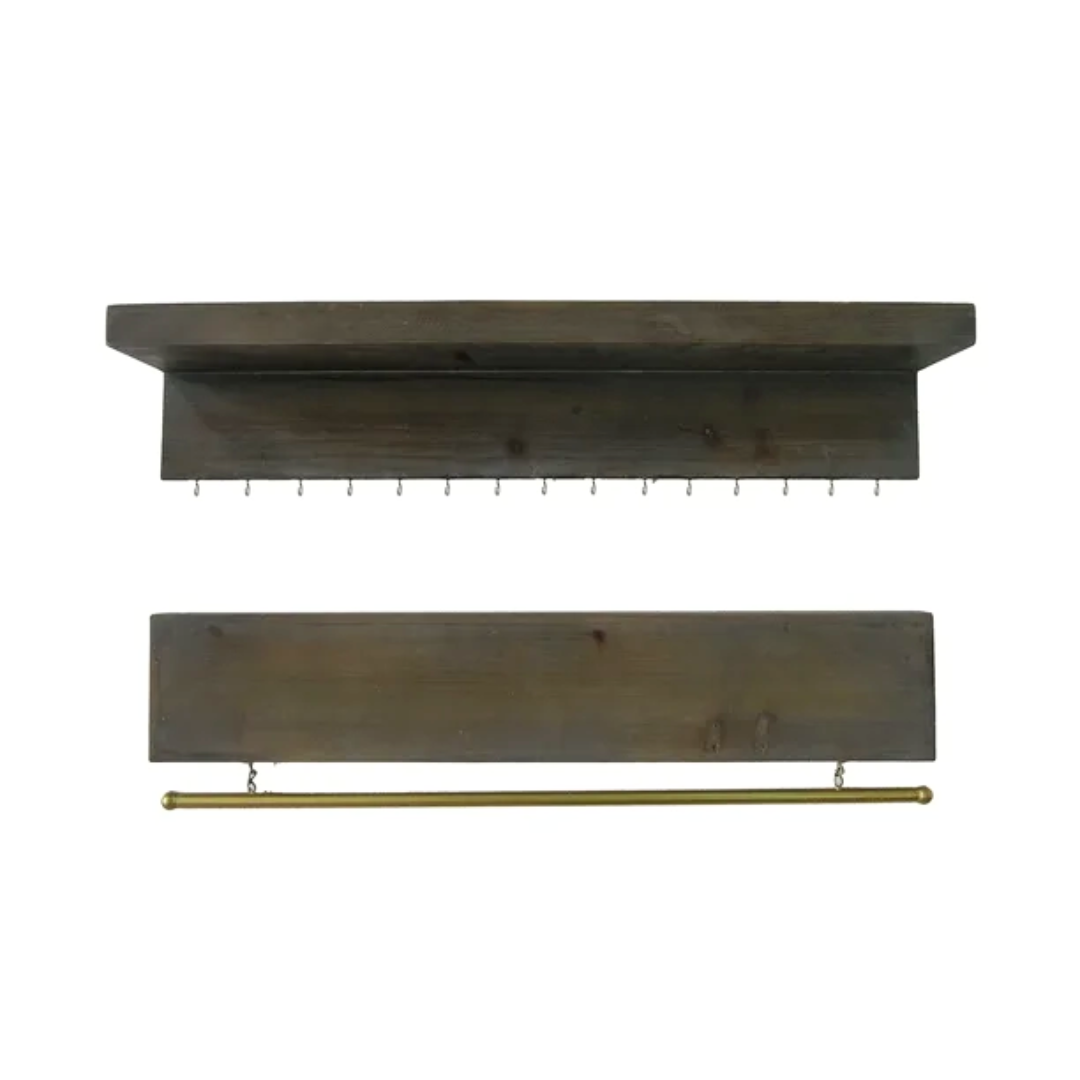 Set Of Two Brown Wood Wall Mounted Accent Shelves With Hooks