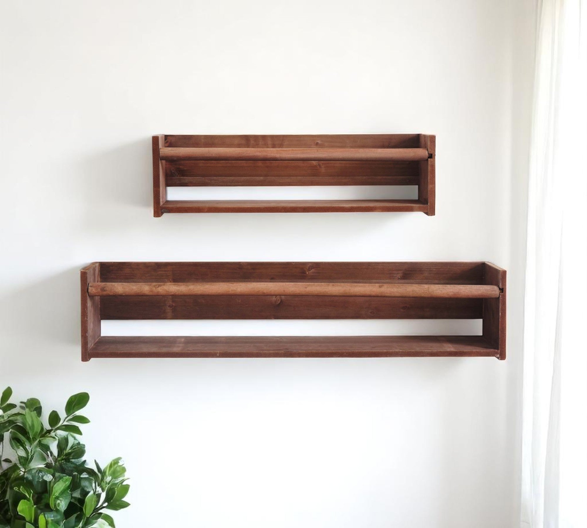 Set Of Two Brown Wood Wall Mounted Floating Shelves