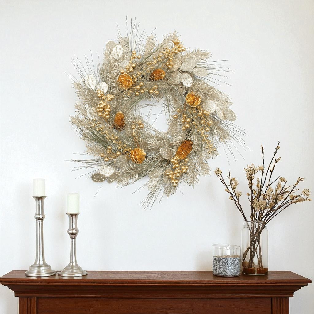 24" Gold And Silver Christmas Eucalyptus And Mixed Assortment Artificial Wreath
