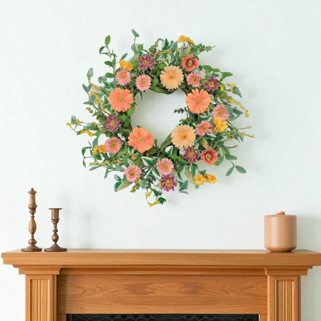 26" Green Orange And Pink Daisy Artificial Wreath