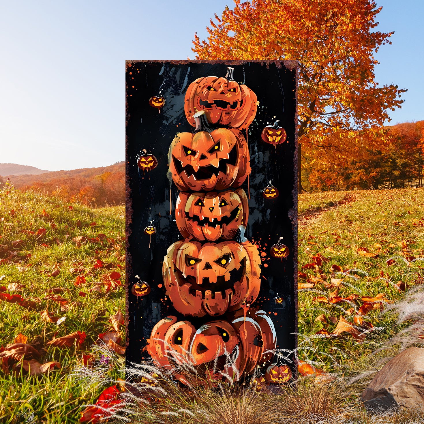 10" Black And Orange Solid Wood Halloween Jack-O-Lantern Garden Stake