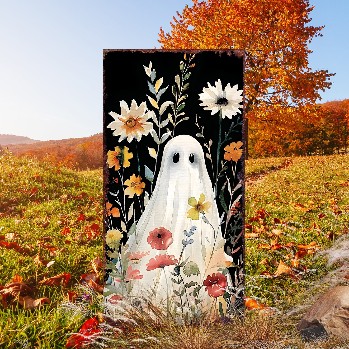 10" Black White And Orange Solid Wood Daisies Halloween Ghost Garden Stake