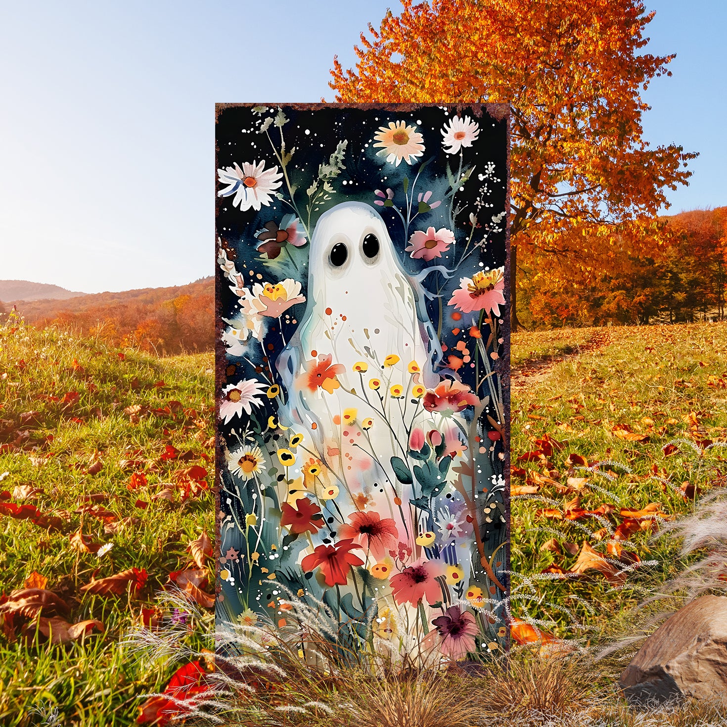 10" Black White And Yellow Solid Wood Daisies Halloween Ghost Garden Stake