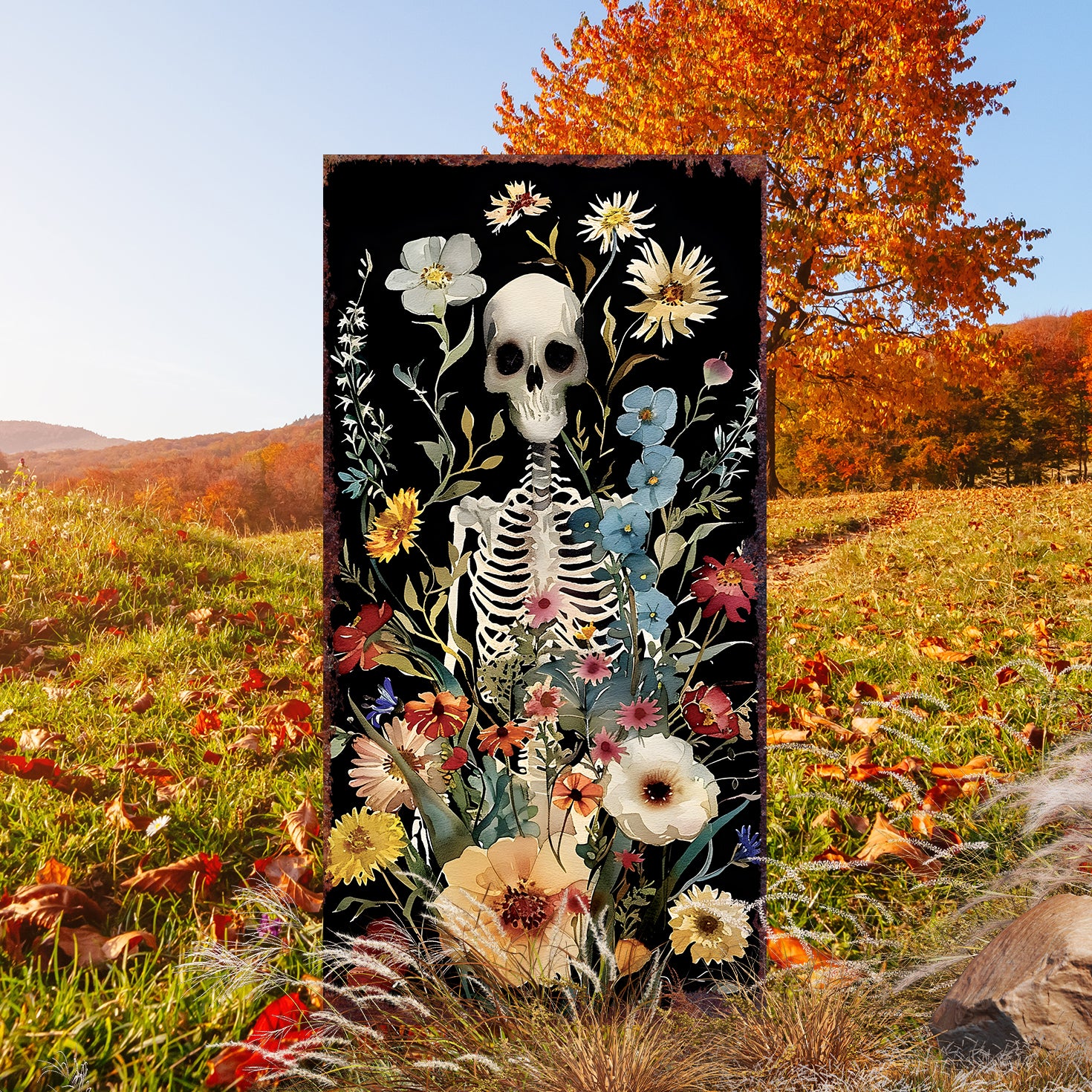 10" Black White Blue And Yellow Solid Wood Daisies Halloween Skeleton Garden Stake