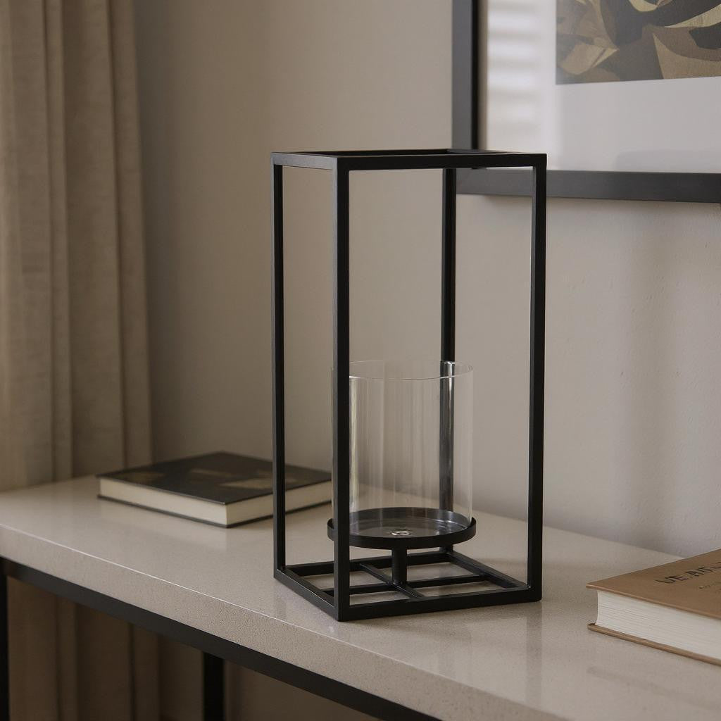 16" Black And Clear Metal And Glass Tabletop Candle Holder