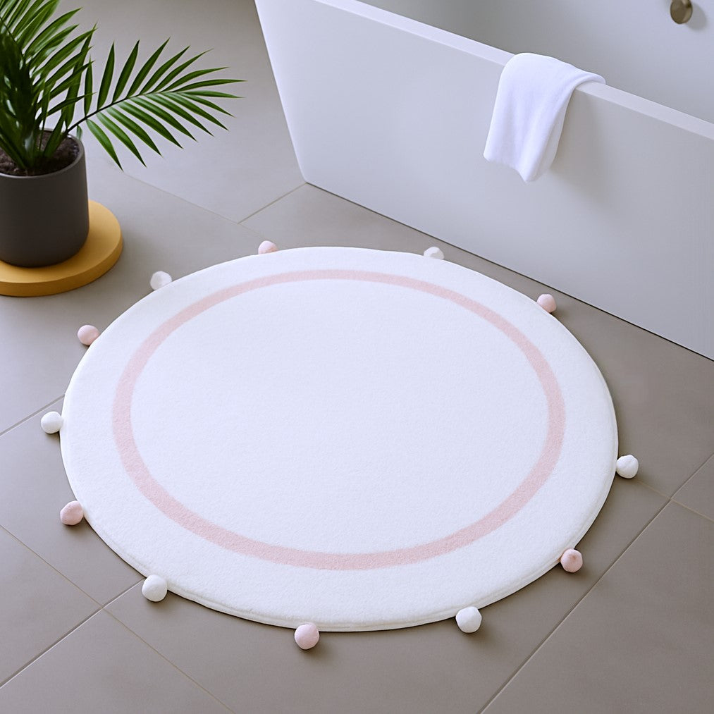 32" Light Pink And White Cotton Round Geometric Bath Rug