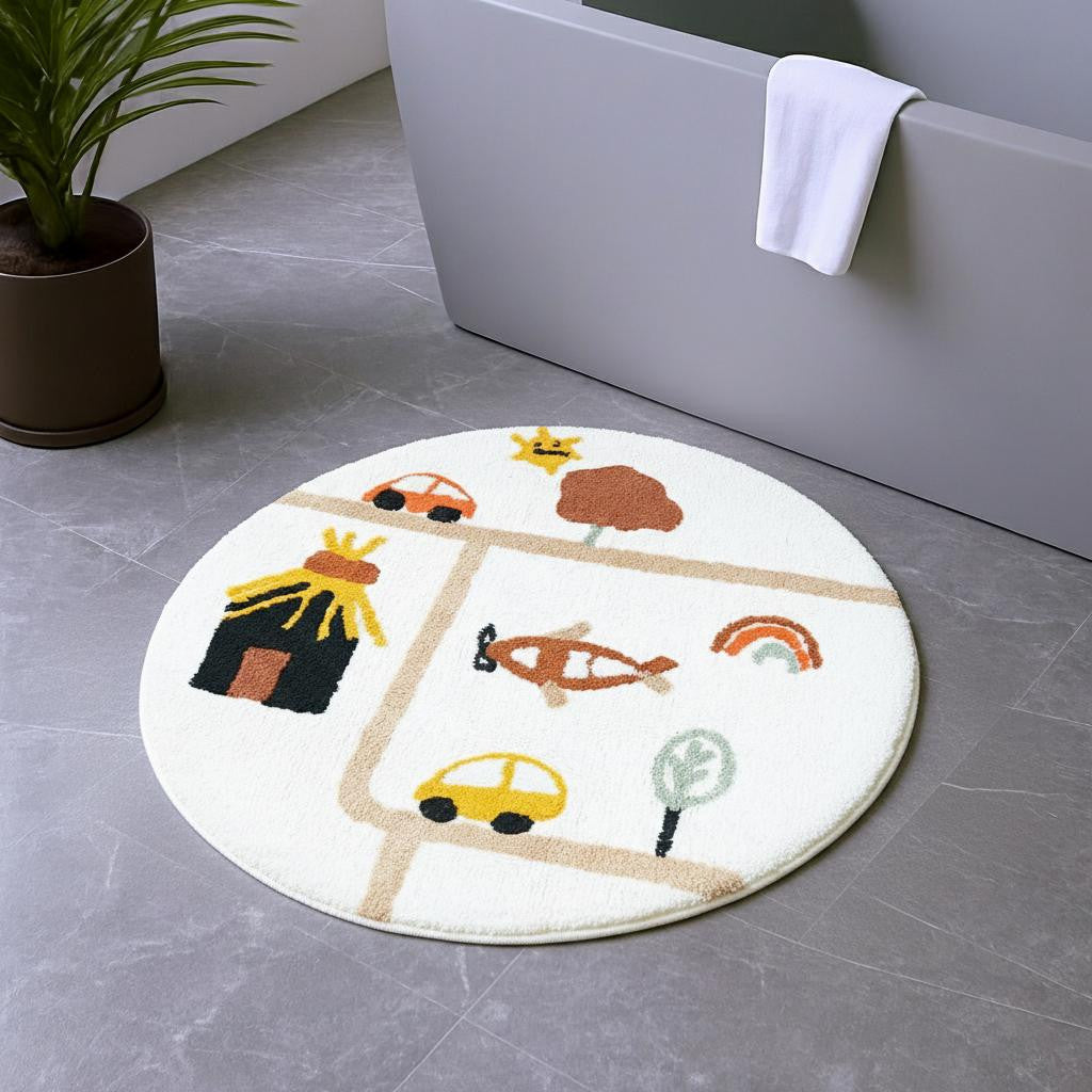 32" White Yellow And Red Cotton Cars Round Youthful Bath Rug