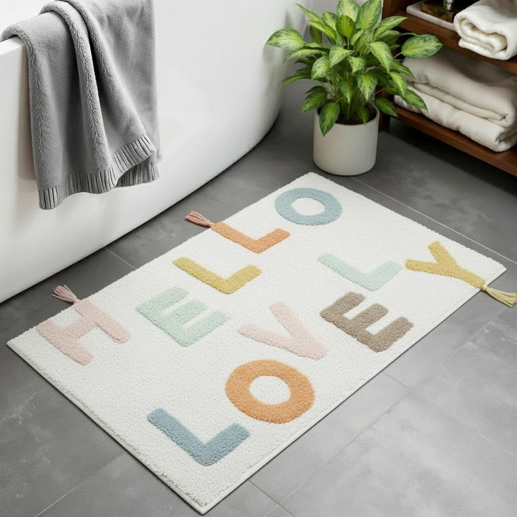 32" Blue White And Yellow Cotton Hello Lovely Youthful Bath Rug