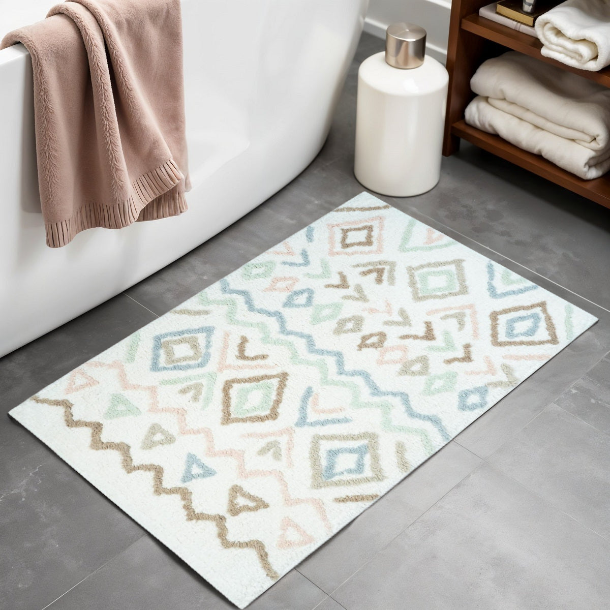 32" Blue Brown And White Cotton Geometric Bath Rug