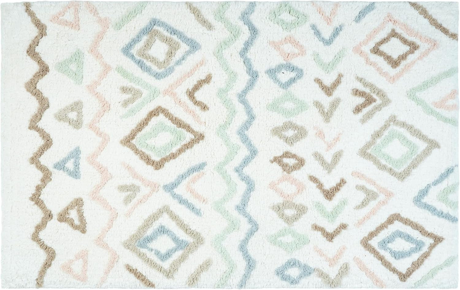 32" Blue Brown And White Cotton Geometric Bath Rug