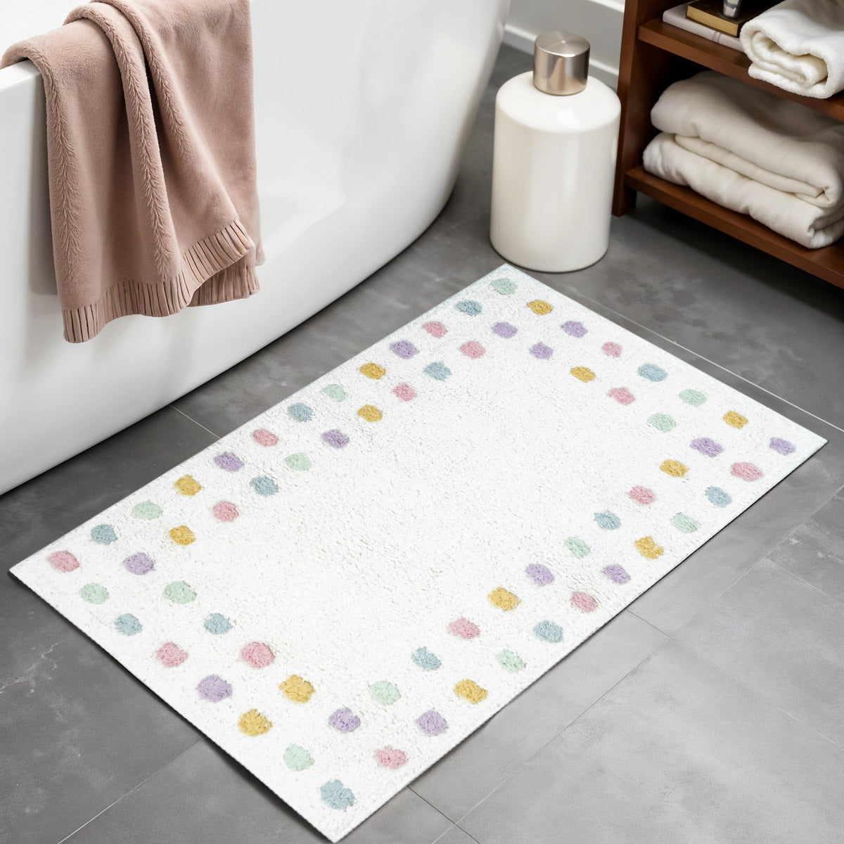32" White Purple And Pink Cotton Polka Dots Bath Rug