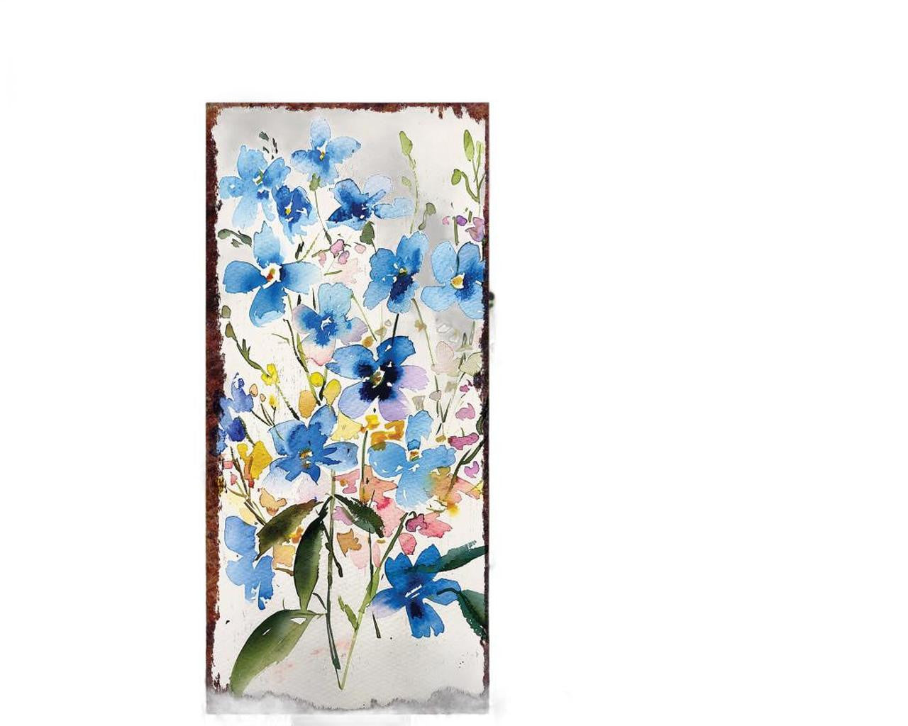 10" Blue And White Solid Wood Wildflowers Garden Stake